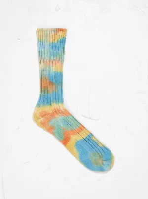 Tie Dye Chunky Ribbed Crew Socks Orange. Light Blue & Yellow